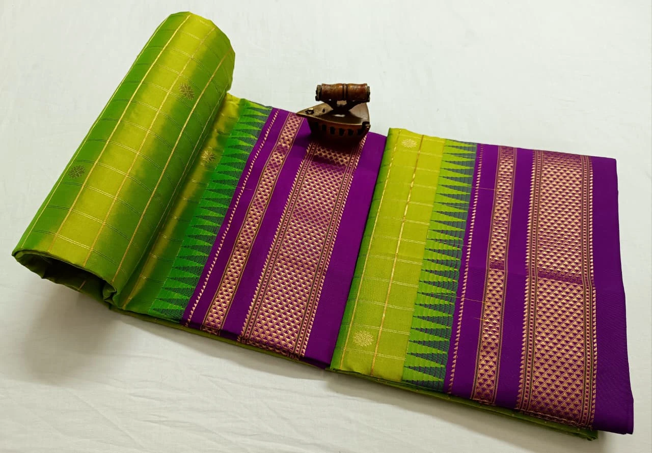 Pure Ilkaal Checks saree in Sneha Green and Magenta with zari border and traditional woven patterns