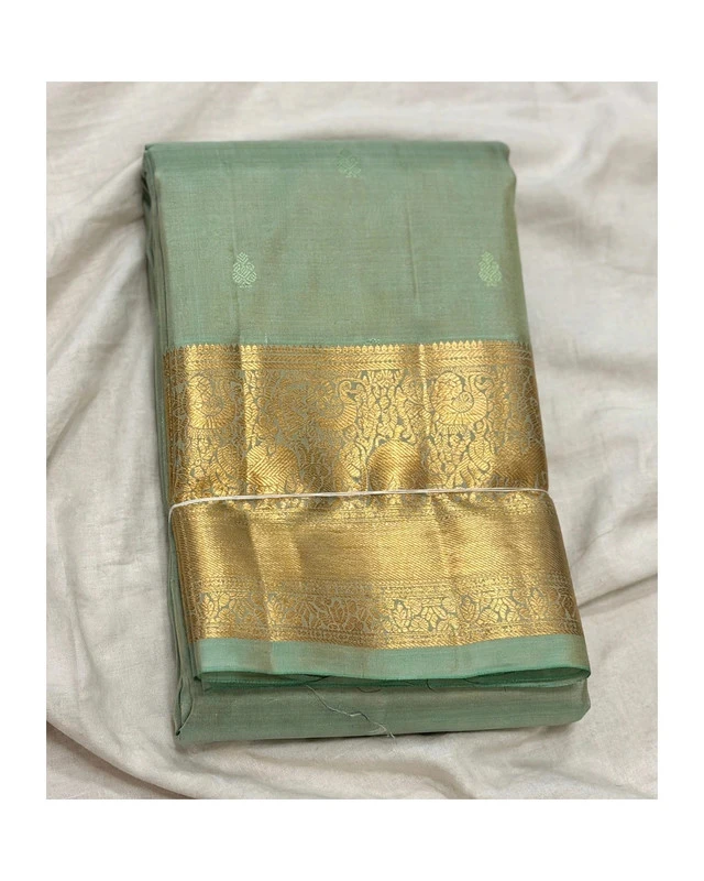 Mint Light Green with Gold Peacock Kanchipuram Pure Silk Handloom Saree Silk Mark with Blouse - FabFashionz