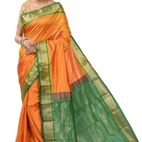 Traditional Kanchipuram Pure Silk Saree in Orange with Green Contrast 