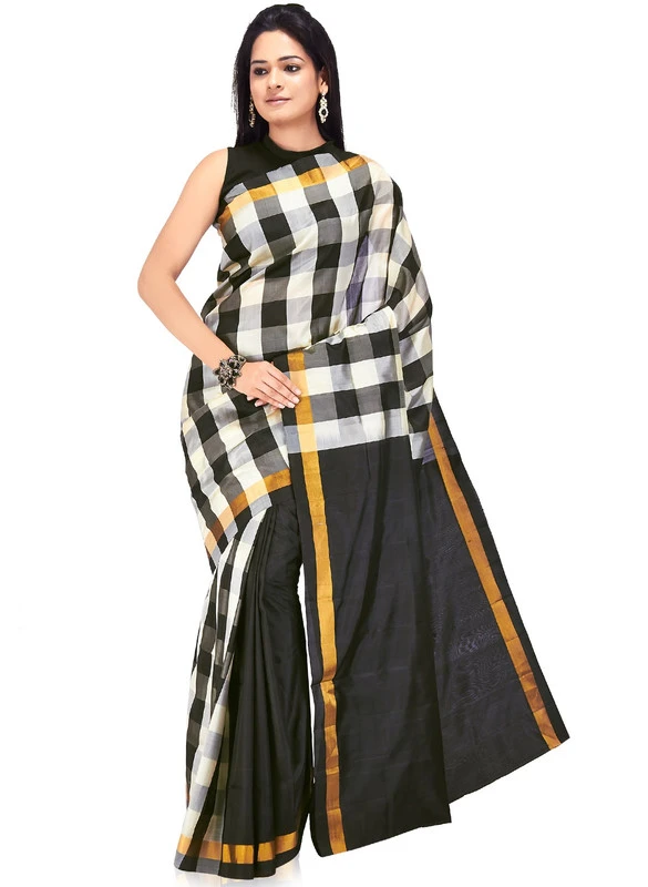 Black with Checks Handwoven Pure Bangalore Silk Fancy Saree with Silk Mark