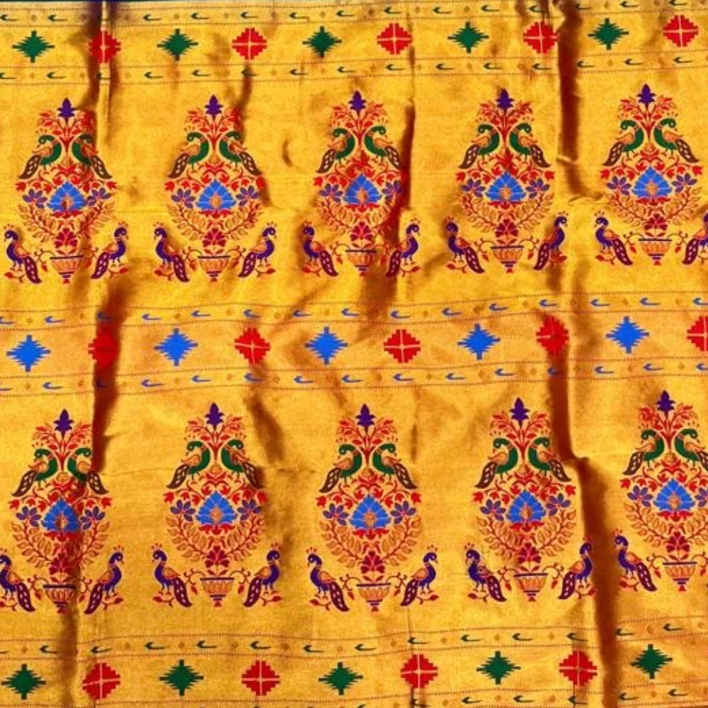 Mustard Yellow and Green Semi Silk Paithani Saree with Peacock Embroidery Designer Blouse