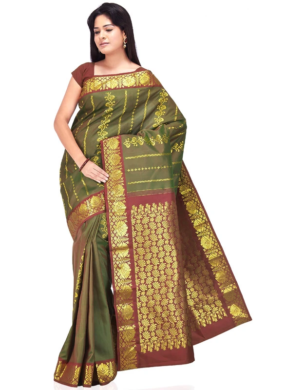Mehandi Green with Maroon Contrast HandLoom Superior Quality Kanchipuram Pure Silk Saree with Silk Mark
