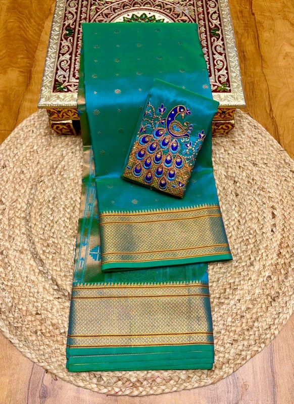 Regal Rama Green Semi Silk Paithani Saree with Peacock Embroidery Designer Blouse