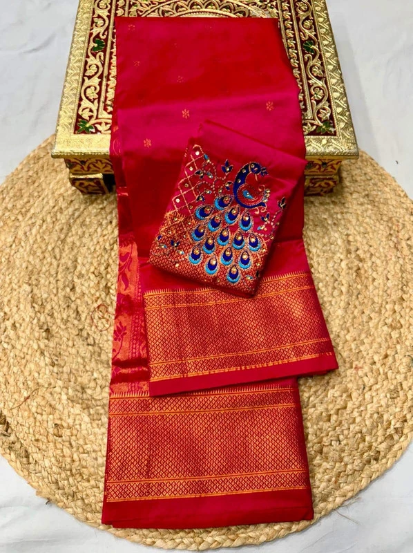 Regal Rani Self Semi Silk Paithani Saree with Peacock Embroidery Designer Blouse