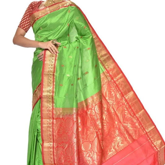 Traditional Kanchipuram Pure Silk Saree in Parrot Green with Red Pink Contrast 