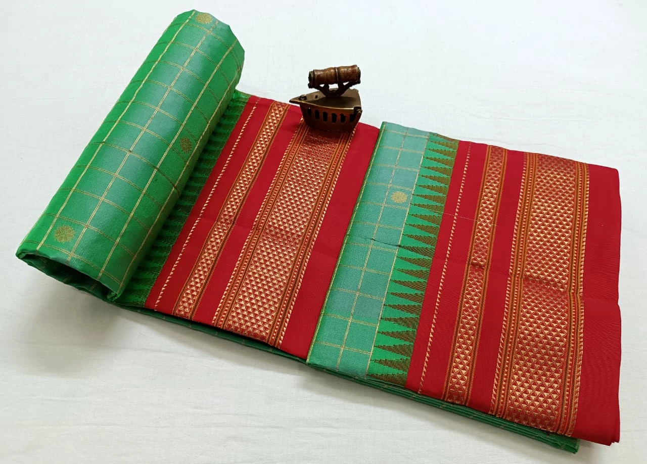 Pure Ilkaal Checks saree in Peach Green with zari border and traditional woven patterns