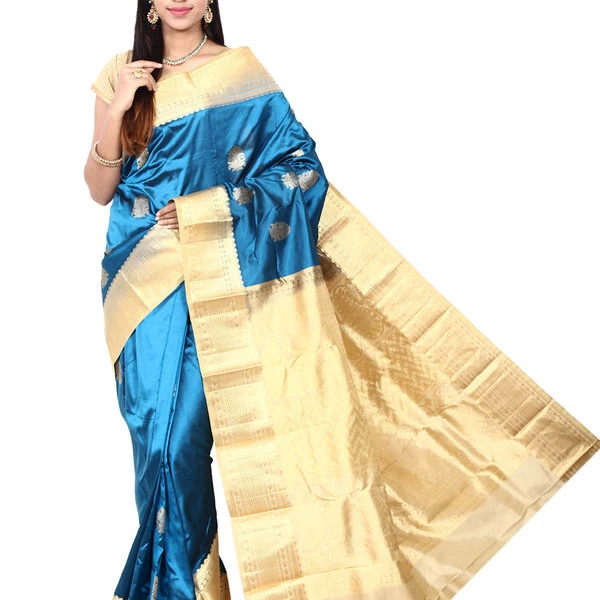 Metalic Blue with Off white Contrast Traditional Kanchipuram Pure Silk Saree