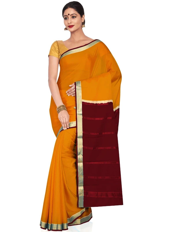 Mustard Orange and Marron Handwoven Pure Mysore Silk saree