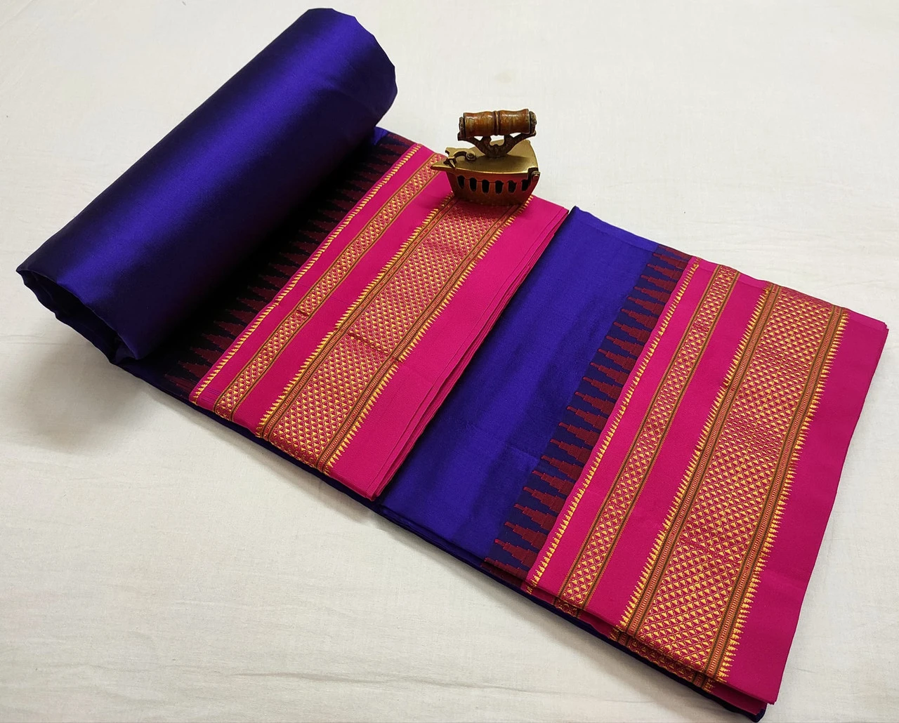 Royal Blue Ilkaal plain pure saree with pink contrast zari border traditional handloom design