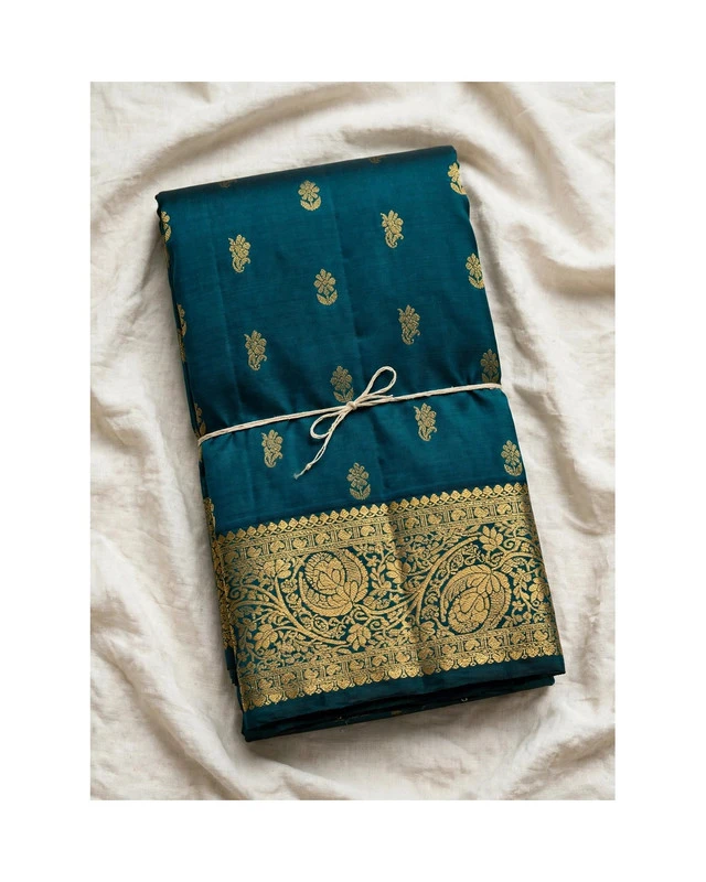 Deep Teal Green Kanchipuram Pure Silk Handloom Saree with Golden Flower Butta & Ornate Border - Silk Mark Certified