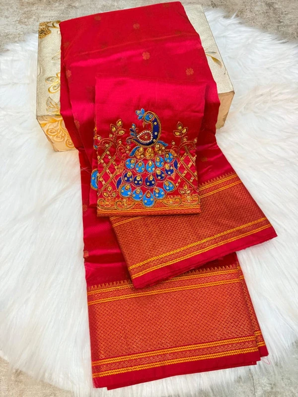 Red Self Semi Silk Paithani Saree with Peacock Embroidery Designer Blouse