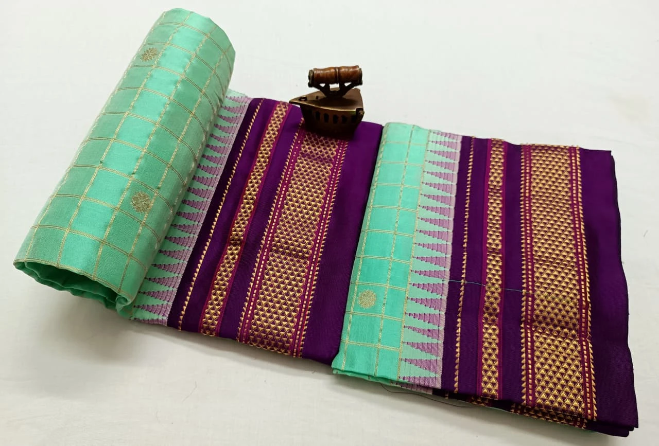 Pure Ilkaal Checks saree in Peach Blue with zari border and traditional woven patterns