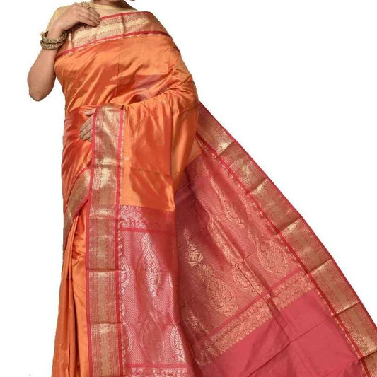 Orange and Red Contrast Traditional Kanchipuram Pure Silk Saree