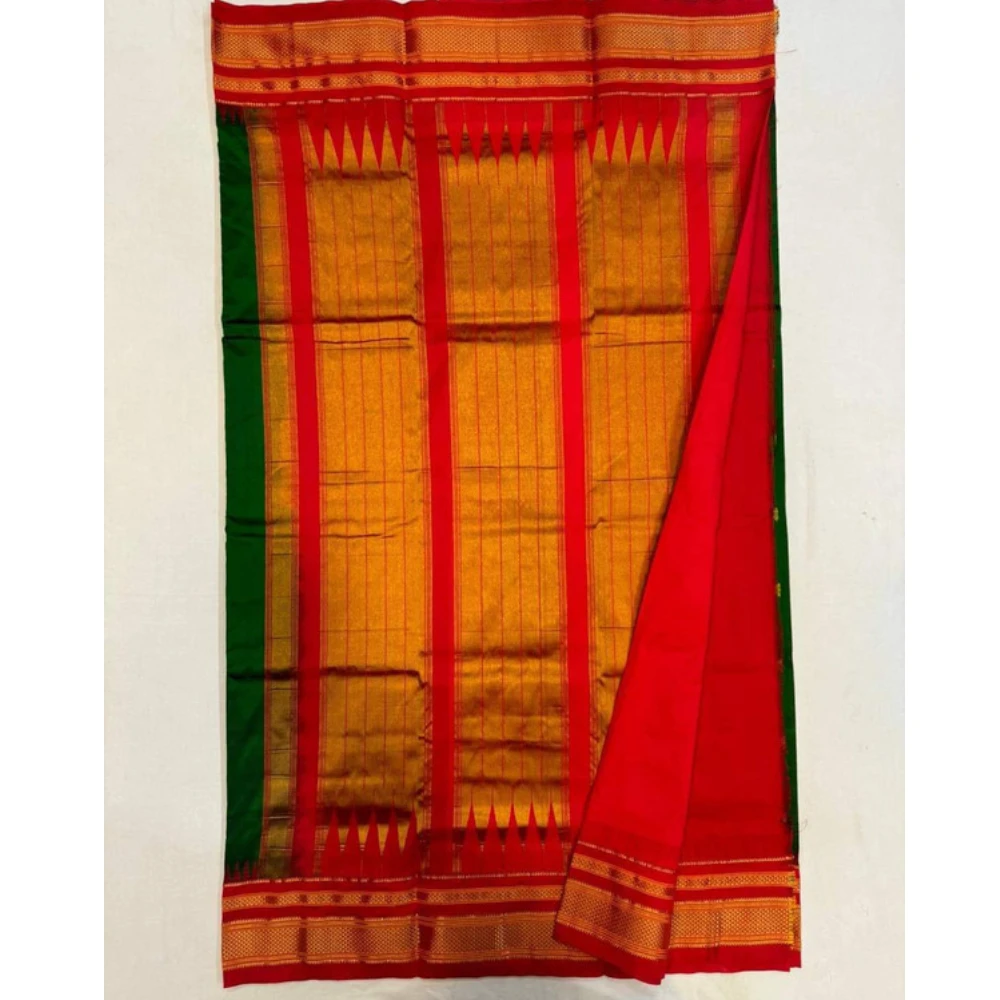 Green Ilkaal plain pure saree with pink contrast zari border traditional handloom design