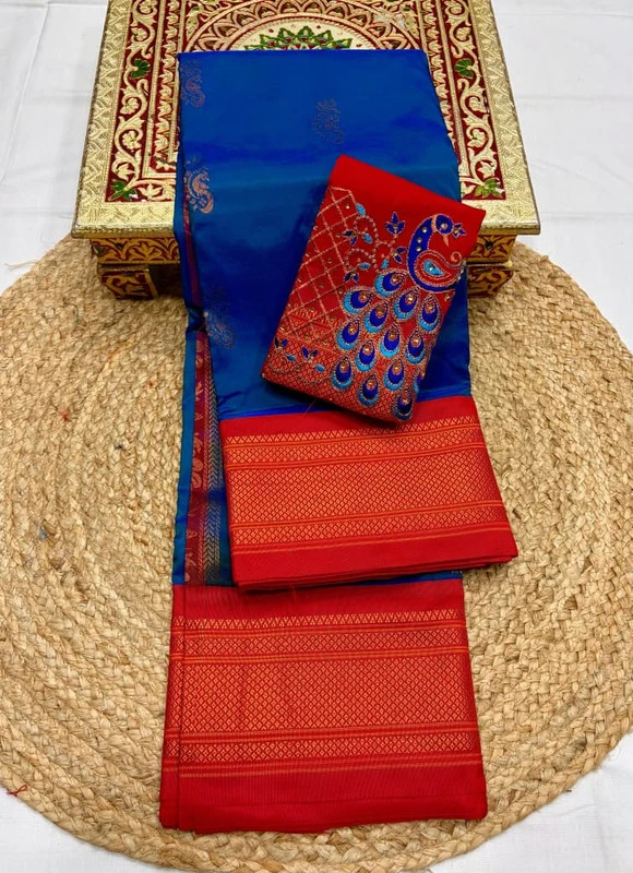 Royal Blue & Red Semi Silk Paithani saree with peacock embroidery blouse and traditional border