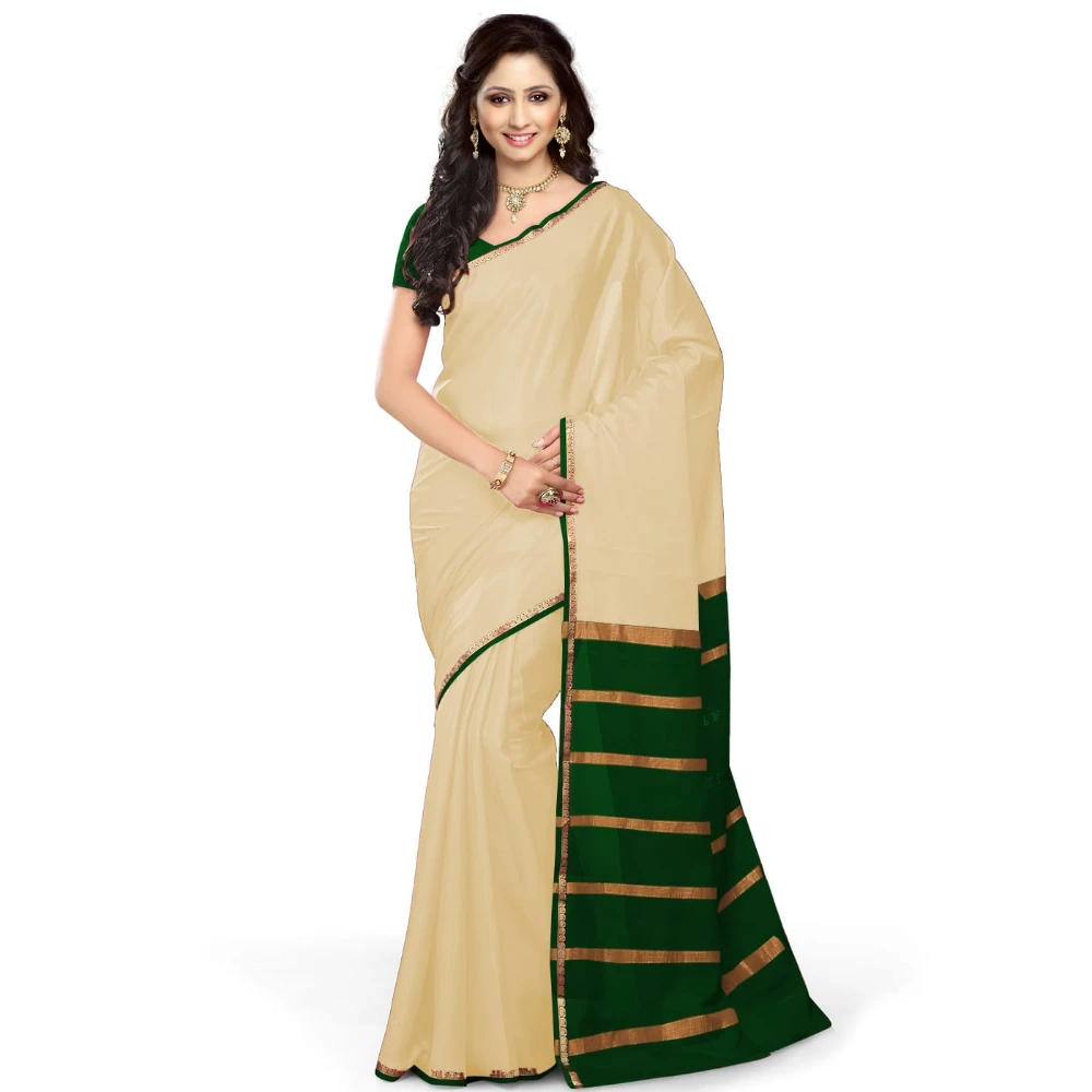 Tussar Cream with Green Contrast Onam Special Pure Mysore Silk Handwoven saree