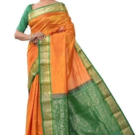 Traditional Kanchipuram Pure Silk Saree in Orange with Green Contrast 