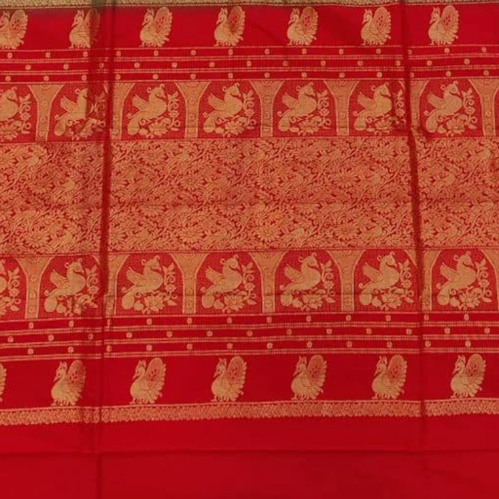 Blue with Red Conrast Gadwal traditional silk saree with zari border for festive and wedding occasions