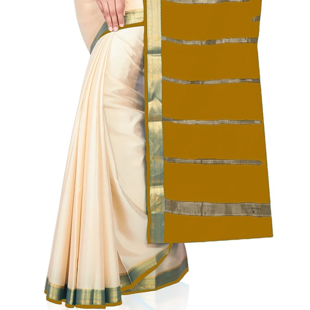 Tussar Cream with Yellow Contrast Onam Special Pure Mysore Silk Handwoven saree