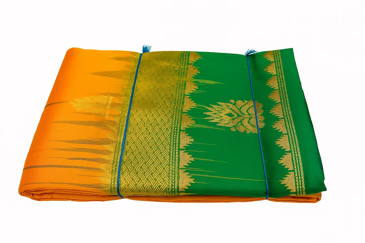 Golden Yellow and Green Contrast Multicolor Exclusive Kanchipuram Pure Silk Saree with Bentex Border & Diamond Butta