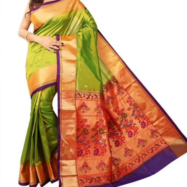 Parrot Green and Purple Border Woven Paithani Art Silk Saree