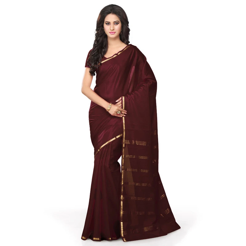 Woven Chocolate Maroon Self Colour Pure Mysore Silk Mango Border Saree with Silk Mark