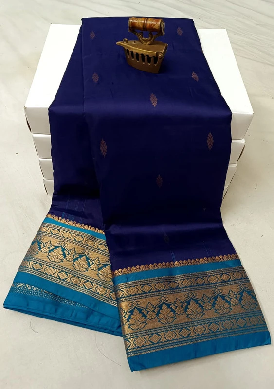Royal Blue with Ananda Blue Contrast traditional silk saree with zari border for festive and wedding occasions