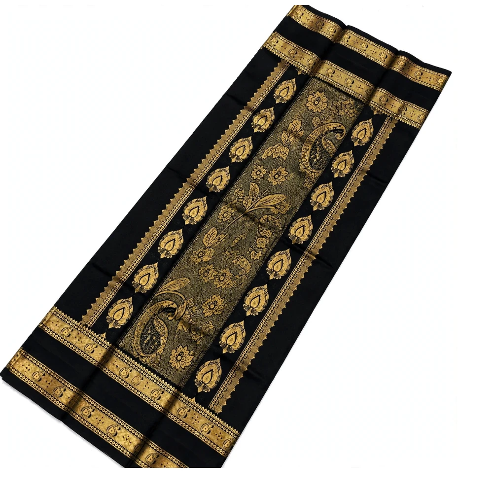 Orange Kanchipuram silk saree with black Bentex border and gold paisley motifs.