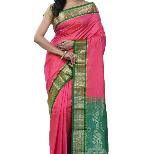 Rani Pink and Green Contrast Traditional Kanchipuram Pure Silk Saree