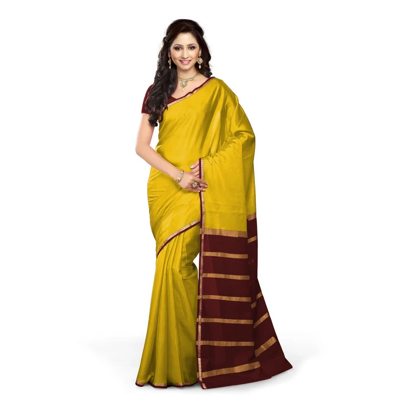 Pure Mysore Silk saree in Golden Yellow and  Brown Contrast Mango Border