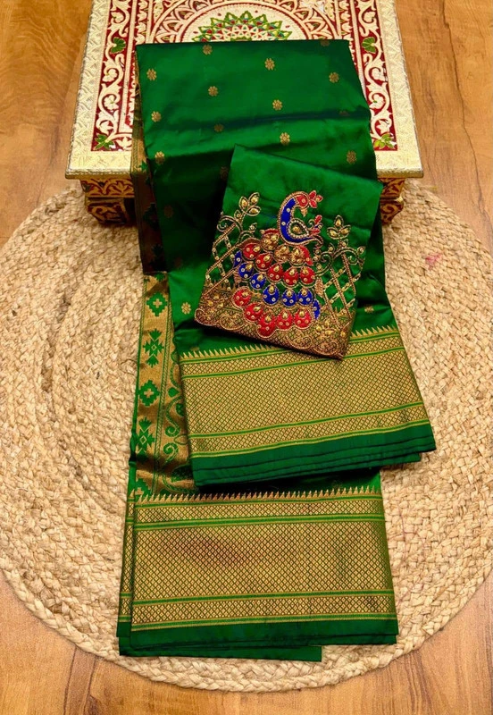 Premium Bottle Green Semi Silk Paithani Saree with Peacock Embroidery Blouse