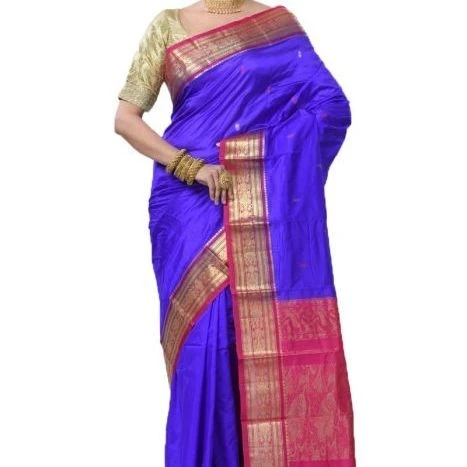 Traditional Kanchipuram Pure Silk Saree in Royal Blue with Rani Pink Contrast