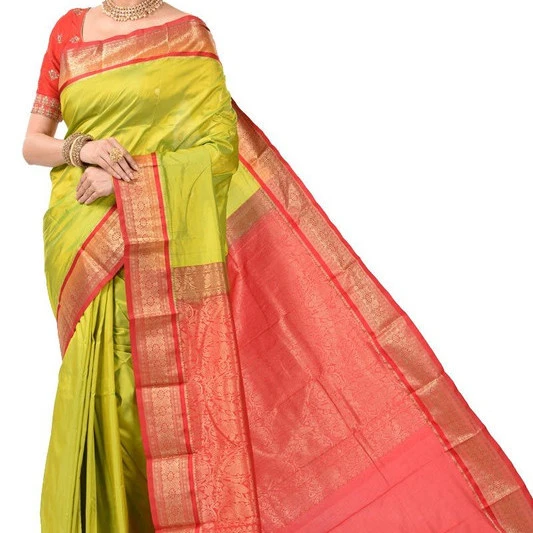 Parrot Green and Red Contrast Traditional Kanchipuram Pure Silk Saree