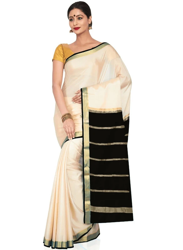 Tussar Cream with Brown Contrast Onam Special Pure Mysore Silk Handwoven saree
