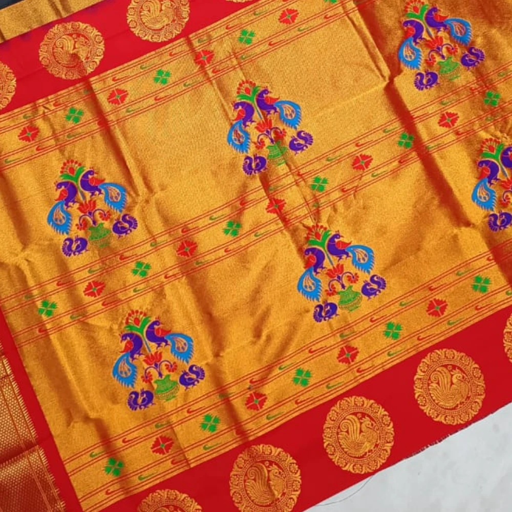 Sea Green with Red Border Paithani Pure Silk Saree with Meena Butta weaving and traditional zari border