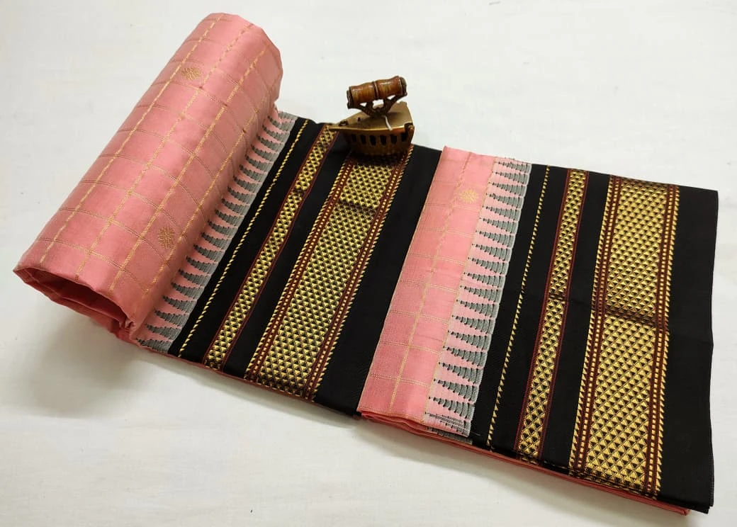 Pure Ilkaal Checks saree in Peach Pink & Black with zari border and traditional woven patterns
