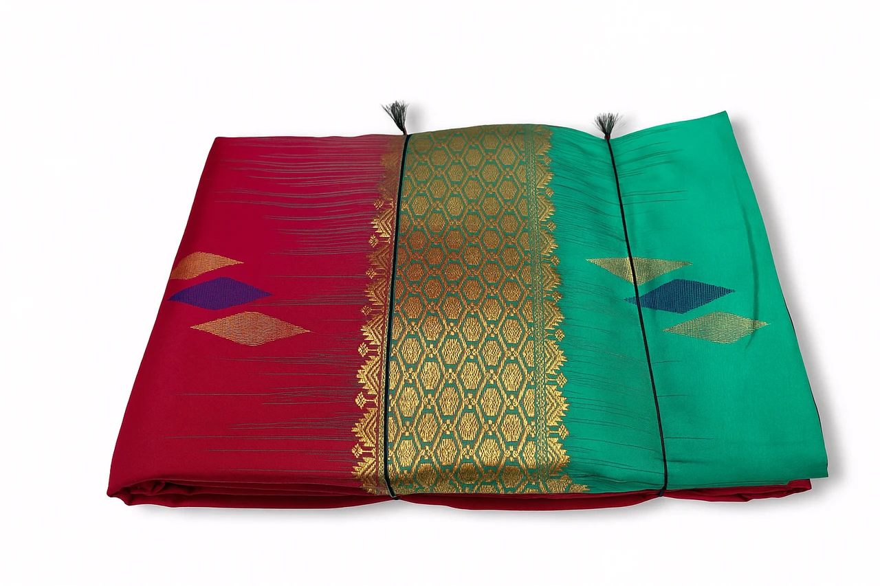 Red and Multicolor Contrast Kanchipuram Exclusive Pure Silk Saree with Bentex Border & Diamond Butta