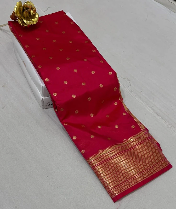 Pink Self Border Paithani Pure Silk Saree with Meena Butta weaving and traditional zari border
