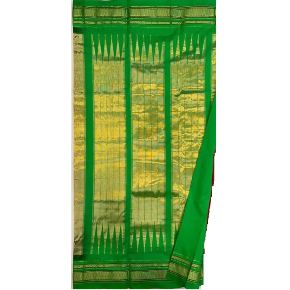 Blue Ilkaal plain pure saree with green contrast zari border traditional handloom design