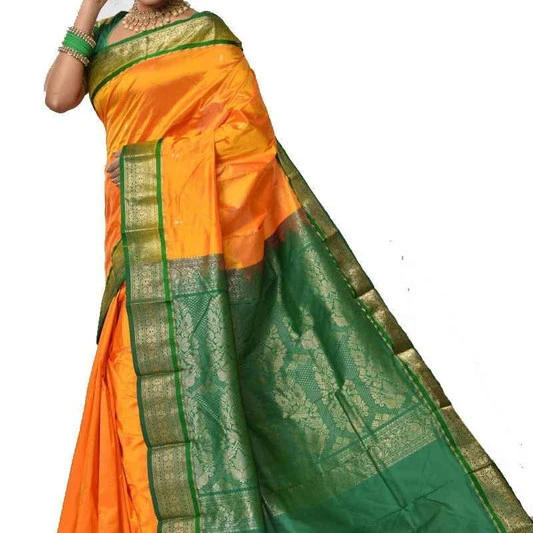 Orange and Green Traditional Sarees for Arangetram in Kanjeevaram Silk