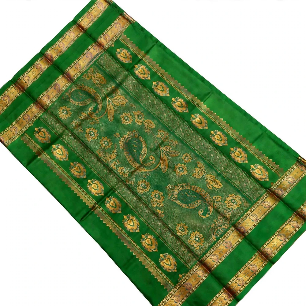 Pink and Green Kanchipuram silk saree with Bentex border and golden motifs