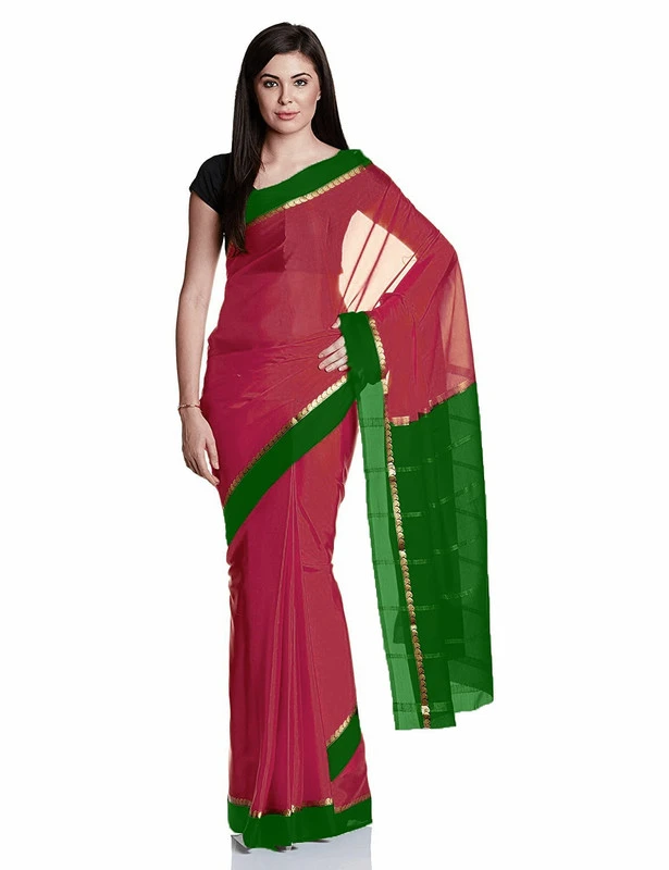 Striking Pure Mysore Silk Saree in Magenta with Green & Gold Zari Border