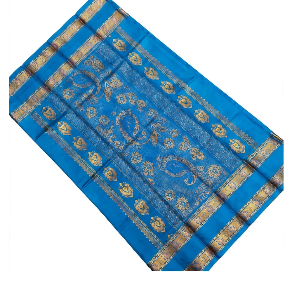 Pink and Blue Kanchipuram silk saree with Bentex border and golden motifs