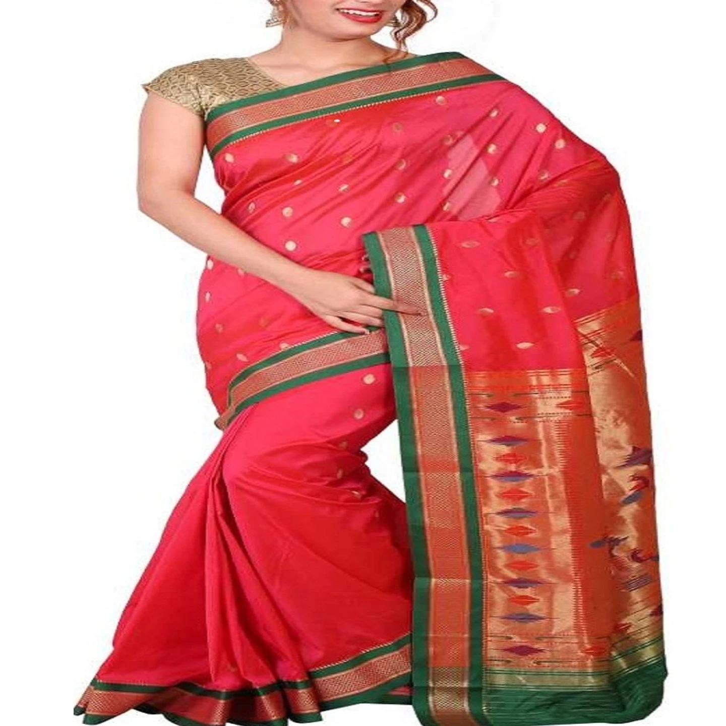 Tomato Red and Green Small Border Woven Paithani Art Silk Saree