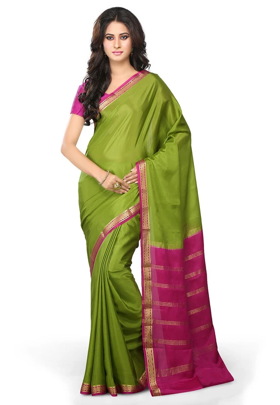 Parrot Green with Pink Contrast Pure Mysore Silk Handwoven saree