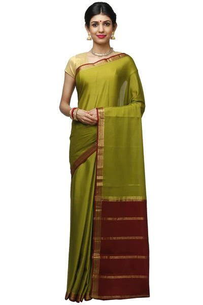 Mehandhi Green with Marron  Handwoven Pure Mysore Silk saree