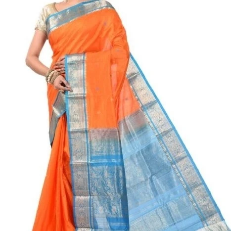 Dark Orange and Anandha Blue Contrast Traditional Sarees for Arangetram in Kanjeevaram Silk
