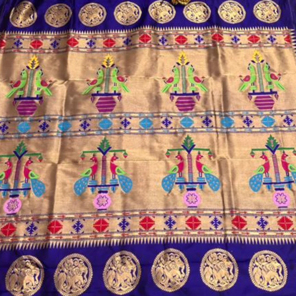 Navy Blue Self Border Paithani Pure Silk Saree with Meena Butta weaving and traditional zari border