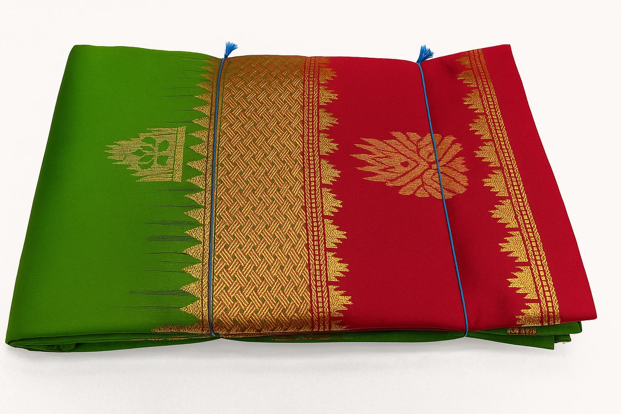 Olive Green and Red Multicolor Contrast Exclusive Kanchipuram Pure Silk Saree with Bentex Border & Diamond Butta