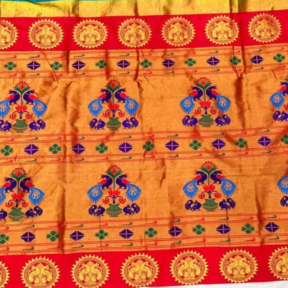 Yellow and Red Semi Silk Saree with Pink Zari Border & Designer Embroidered Blouse